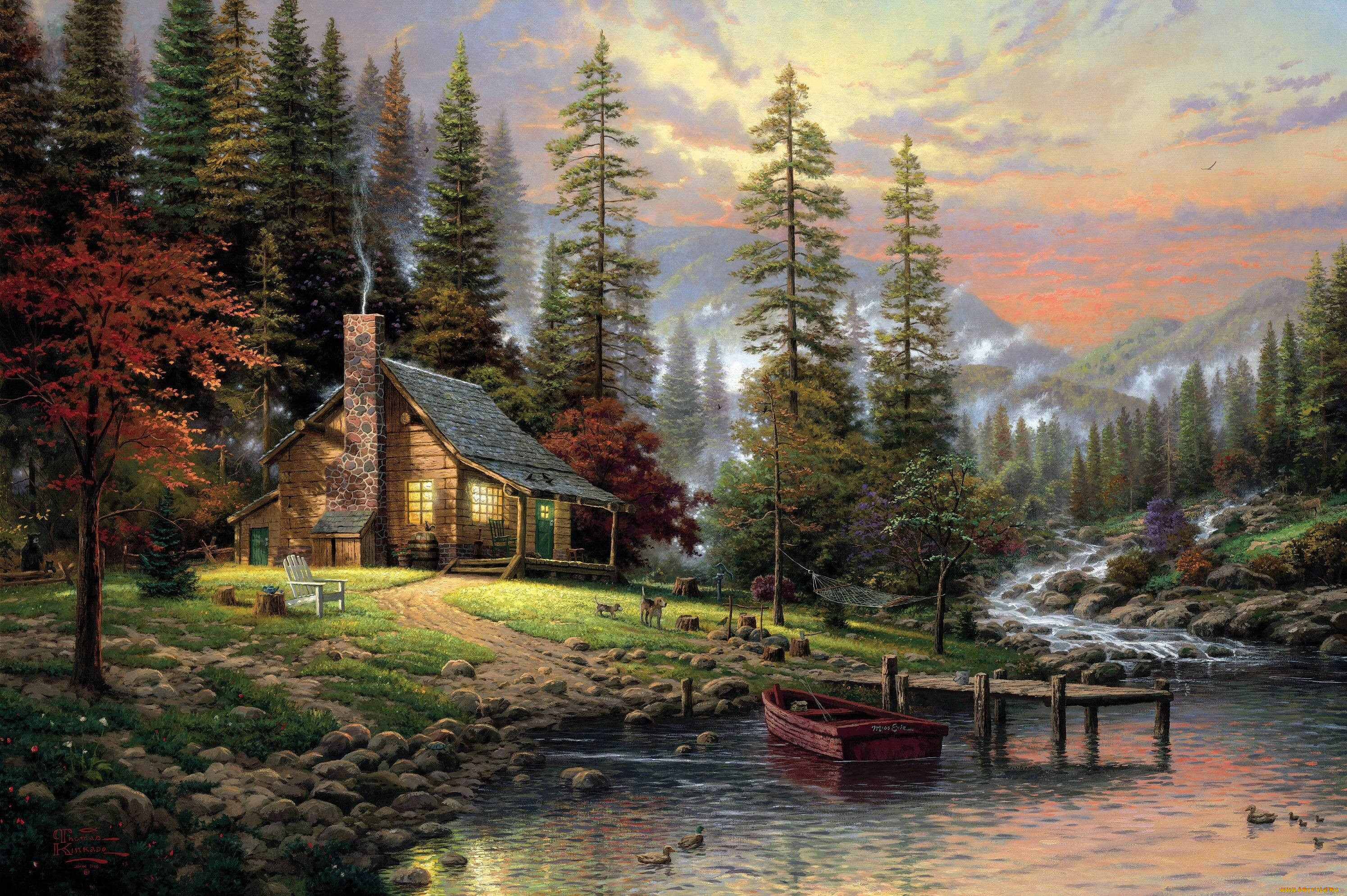 Обои Thomas Kinkade Рисованное Thomas Kinkade, обои для рабочего стола,  фотографии thomas, kinkade, рисованные, деревья, дом, лодка, природа, река,  горы, пейзаж Обои для рабочего стола, скачать обои картинки заставки на  рабочий стол.